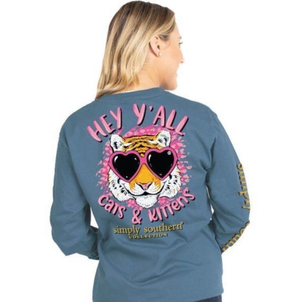Simply Southern Stone Blue Hey Y’all Cats & Kittens Long Sleeve Tee
